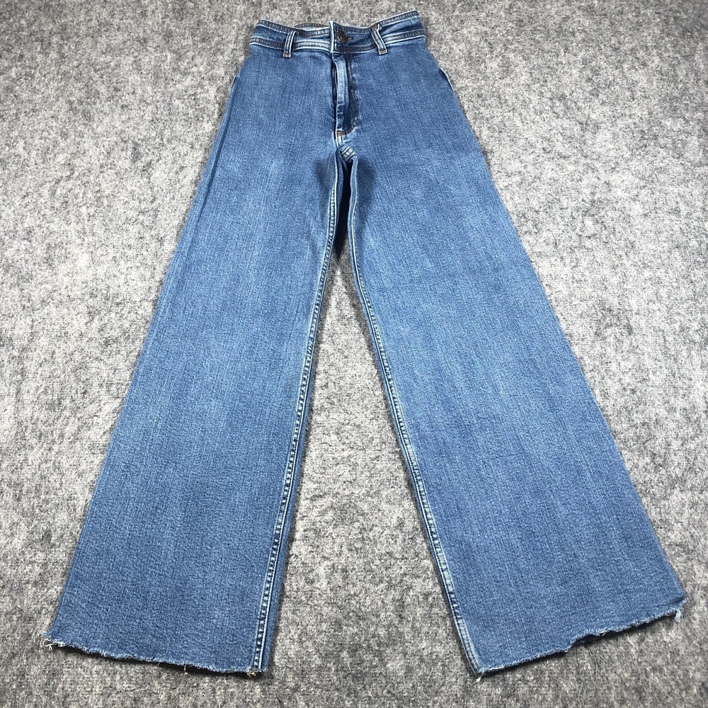 Zara The Marine Straight Jeans Womens 2 Medium Blue High Rise Wide Leg Raw Hem